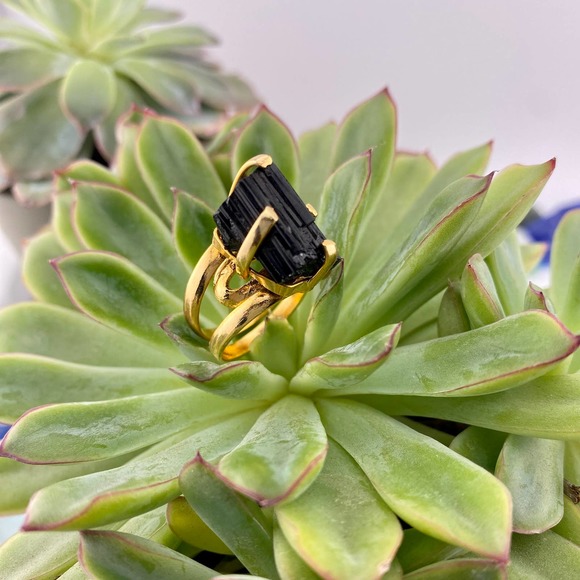 Natural Raw Black Tourmaline 18k Gold Plated Adjustable Ring - Picture 7 of 10